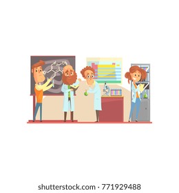 Group of men scientists and girl assistant in laboratory. Lab interior design with blackboard, table, cabinet, microscope, test tubes, periodic table. Isolated flat vector