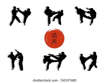 A group of men showing Kung Fu and a hieroglyph on a red background. Karate Hieroglyph – Japanese.