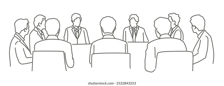 Un grupo de hombres sentados alrededor de una mesa con trajes. Todos están mirando a un hombre en el centro de la mesa. Ilustración vectorial dibujada a mano. Blanco y negro.