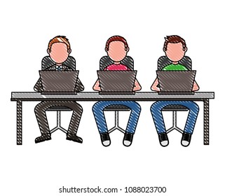 group men sitting behind desk with laptops