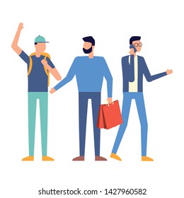 group men smartphone backpack and shopping bag vector illustration