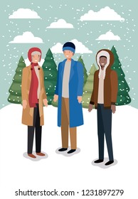 group of men in snowscape with winter clothes