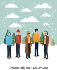 group of men in snowscape with winter clothes
