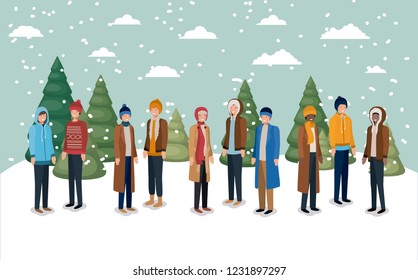 group of men in snowscape with winter clothes