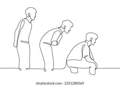 group of men stand behind each other and look at something - one line art vector. concept to capture attention, distract, observers