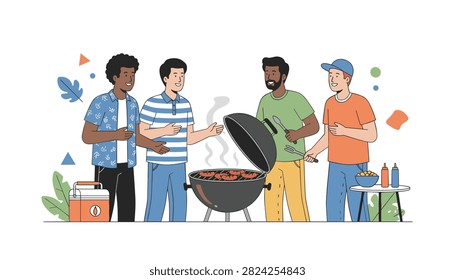 Group of men standing around a charcoal grill at a summer barbecue event.