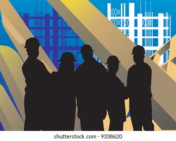 group of men standing in a construction site	