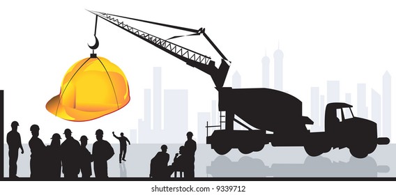 group of men standing in a construction site with earth mover lifting a hardhat	