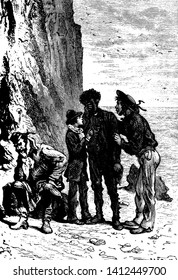 Grupo de hombres de pie en la playa, dibujo de líneas vintage o ilustración de grabado