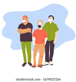 Group of men standing in protection masks. Vector flat illustration about coronovirus