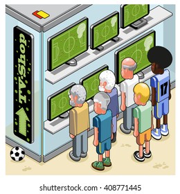 Group Of Men Standing At A Shop Window Watching Soccer On Numerous LCD TV Screens (isometric View)