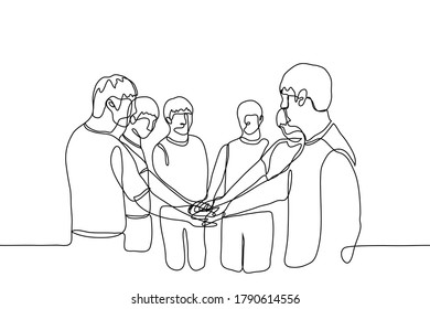 group of men stands in a close circle, with their hands in the center and palms down. One continuous. The concept of a sports team, close friends, partners, family ties.