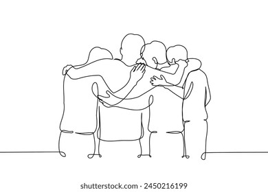 Un grupo de hombres de pie abrazando sus hombros - una línea de Vector. concepto de trabajo en equipo, amigos, amistad masculina. Vector hecho a mano no AI