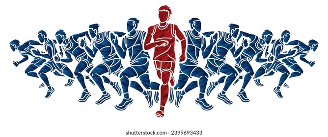 Group of Men Start Running Runner Action Jogging Together Cartoon Sport Graphic Vector