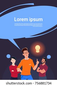 Group Of Men Thinking Point Finger To Light Bulb New Idea Concept Flat Vector Illustration