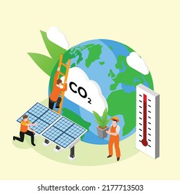 Group of men try to fix the earth using renewable energy and plants isometric 3d vector illustration concept for banner, website, illustration, landing page, flyer, etc.