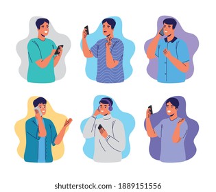 group of men using smartphones characters vector illustration design