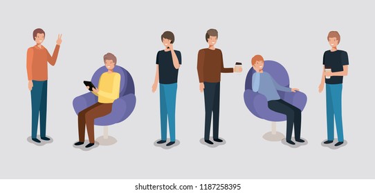 group of men using technology and drinking coffee