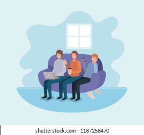 group of men using technology and drinking coffee