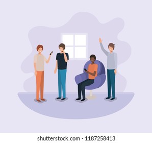 group of men using technology in the livingroom