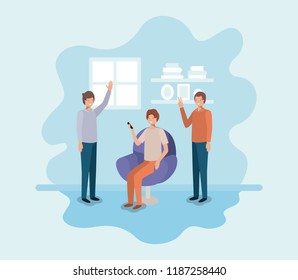 group of men using technology in the livingroom