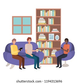 group of men using technology in the livingroom