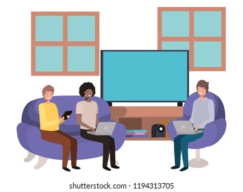 group of men using technology in the livingroom