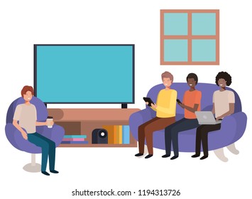 group of men using technology in the livingroom