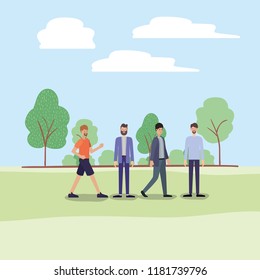 group of men walking on the park characters