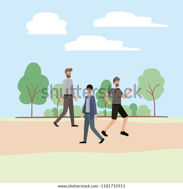 Group Men Walking On Park Characters Stock Vector (royalty Free 