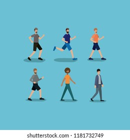 group of men walking and running characters