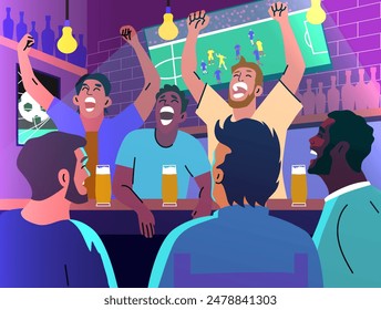 Grupo de hombres viendo un partido de fútbol en un bar deportivo. Fútbol en la televisión. Hinchas multiétnicos celebran la victoria. Campeonato de fútbol. Los hombres animan emocionalmente a su equipo de fútbol favorito en el pub