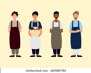 group men wearing apron characters with apron and basket vector illustration