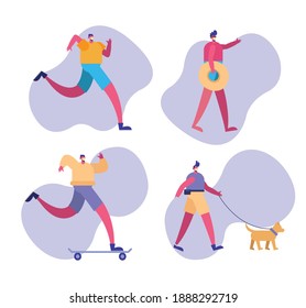 group of men wearing medical masks practicing activities characters vector illustration design