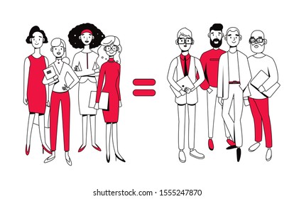 Group Of Men And A Group Of Women And Between Them Equal Symbol, Gender Equality Concept. Modern Flat Vector Illustration.