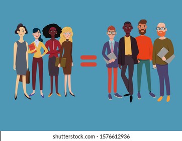Group of men and a group of women and between them equal symbol, gender equality concept. Modern flat vector illustration.