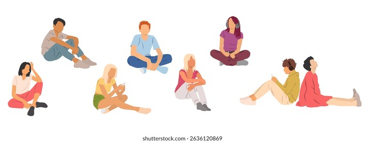 Grupo de homens, mulheres, meninos e meninas sentados, com smartphone e fones de ouvido, cores diferentes, personagem de desenho animado, pessoas silhuetas, estudantes, conceito de design de ícone plano isolado no fundo branco