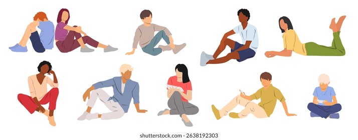 Group of men, women, boys, girls sitting, with smartphone and tablet, different colors, cartoon character, business people silhouettes, students, flat icon design concept isolated on white background