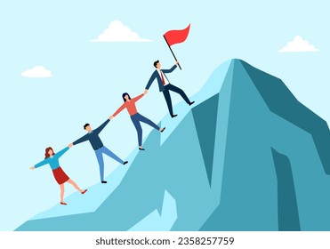 Group of men and women climb the mountain. The metaphor of success in business, career, teamwork, progress, leadership, cooperation.