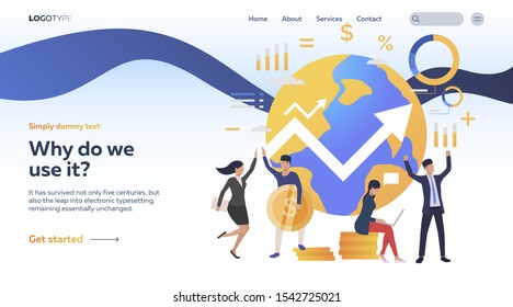 Group of men and women counting benefit. Planet, money, diagrams. Business concept. Vector illustration for webpage, presentation, poster