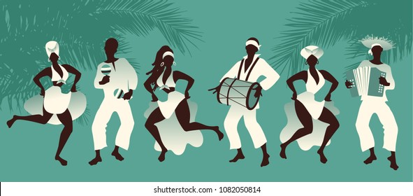 Group of men and women dancing and playing latin music on tropical background with palm trees