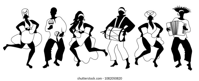 Group of men and women dancing and playing latin isolated on white background