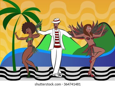 A group of men and women dancing Samba on a Rio de Janeiro background