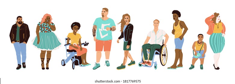 A group of men and women of different nationalities, shapes and appearances. The natural beauty of man. Diversity of races, ethnic groups of people. Multicultural group of people on a white background