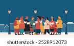 Group of men and women dressed in outerwear singing Christmas carols under the snow. Choir of  singers or carolers Singing Xmas songs on the city street in the night. Flat vector illustration.