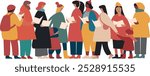 Group of men and women dressed in outerwear singing Christmas carols. Choir of  singers or carolers Singing Xmas songs. Isolated people characters. Flat vector illustration.