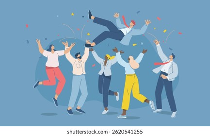 Group of men and women friends throwing man up in the air, Business team success, Businessmen cheering, celebrating success and happy, Celebration of victory. Flat vector design illustration.
