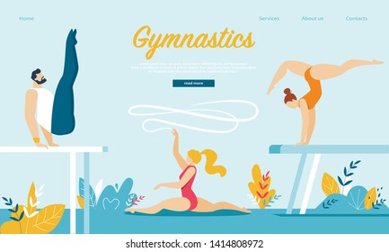 Group of Men and Women Gymnasts Practicing Gymnastics on Balance Beam and on Mats Outdoors Preparing for Games Competition or Championship, Sport Life. Cartoon Flat Vector Illustration, Banner