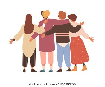 Group of men and women hugging and waving hands. Concept of friendship and team support. Friends or colleagues standing together. Flat vector cartoon isolated illustration on white