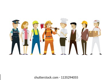 Group men and women people professions a diverse collection flat style isolated background. illustration vector